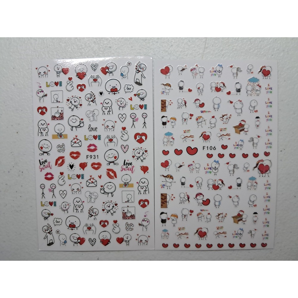 2 Sheets Cartoon Love Stick Figure Nail Art Stickers Hearts Lips Decals F931 F10